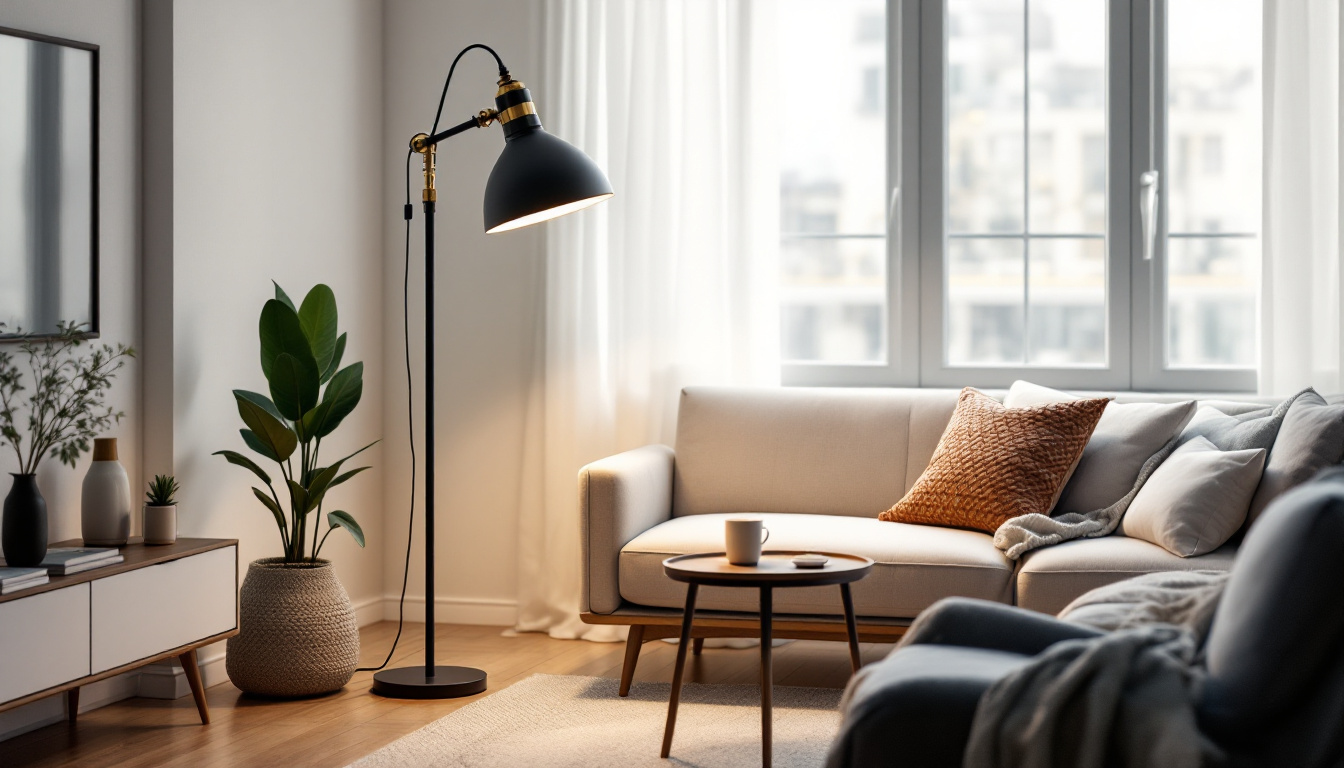 A photograph of a stylish industrial floor lamp in a well-lit