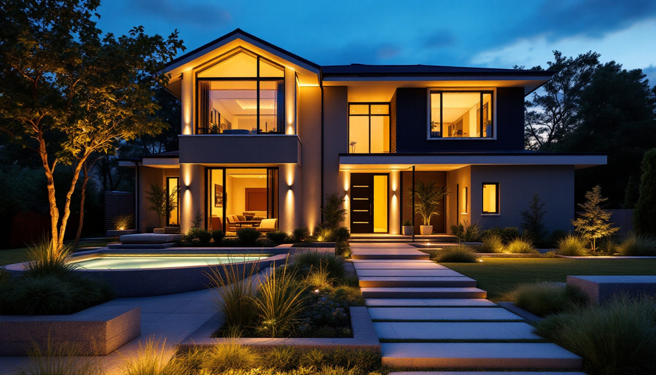 A photograph of a beautifully designed modern exterior lighting setup at dusk