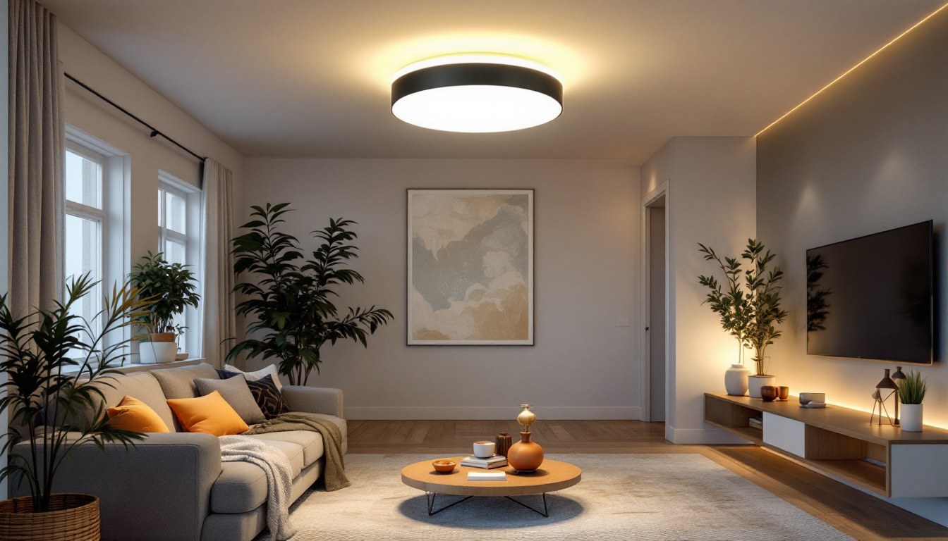 A photograph of a stylishly designed flush mount light fixture in a well-lit