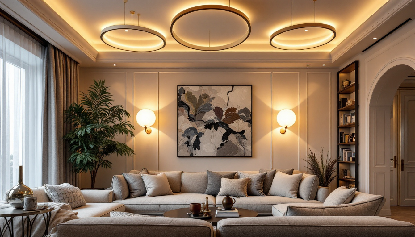 A photograph of a beautifully designed living room featuring an array of stylish ceiling lights
