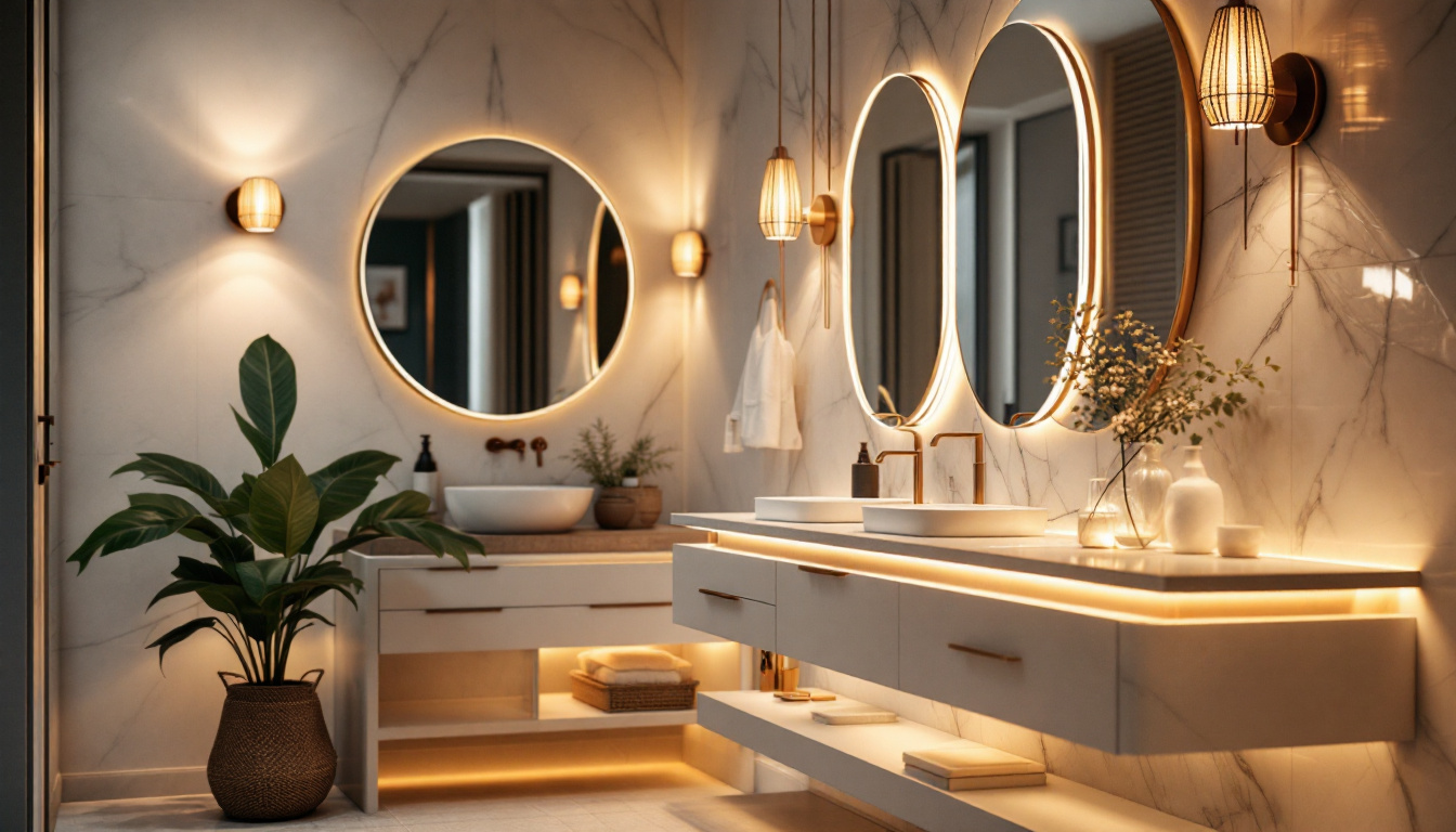A photograph of a beautifully designed bathroom vanity illuminated by stylish lighting fixtures