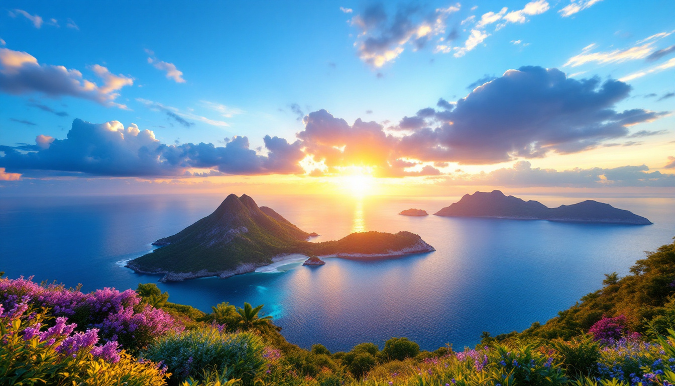 A photograph of a serene island landscape at golden hour