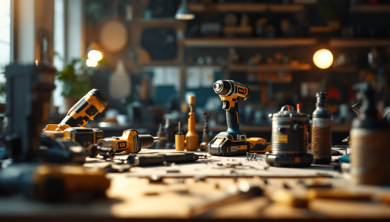 A photograph of a well-lit workspace featuring a variety of electric tools in use
