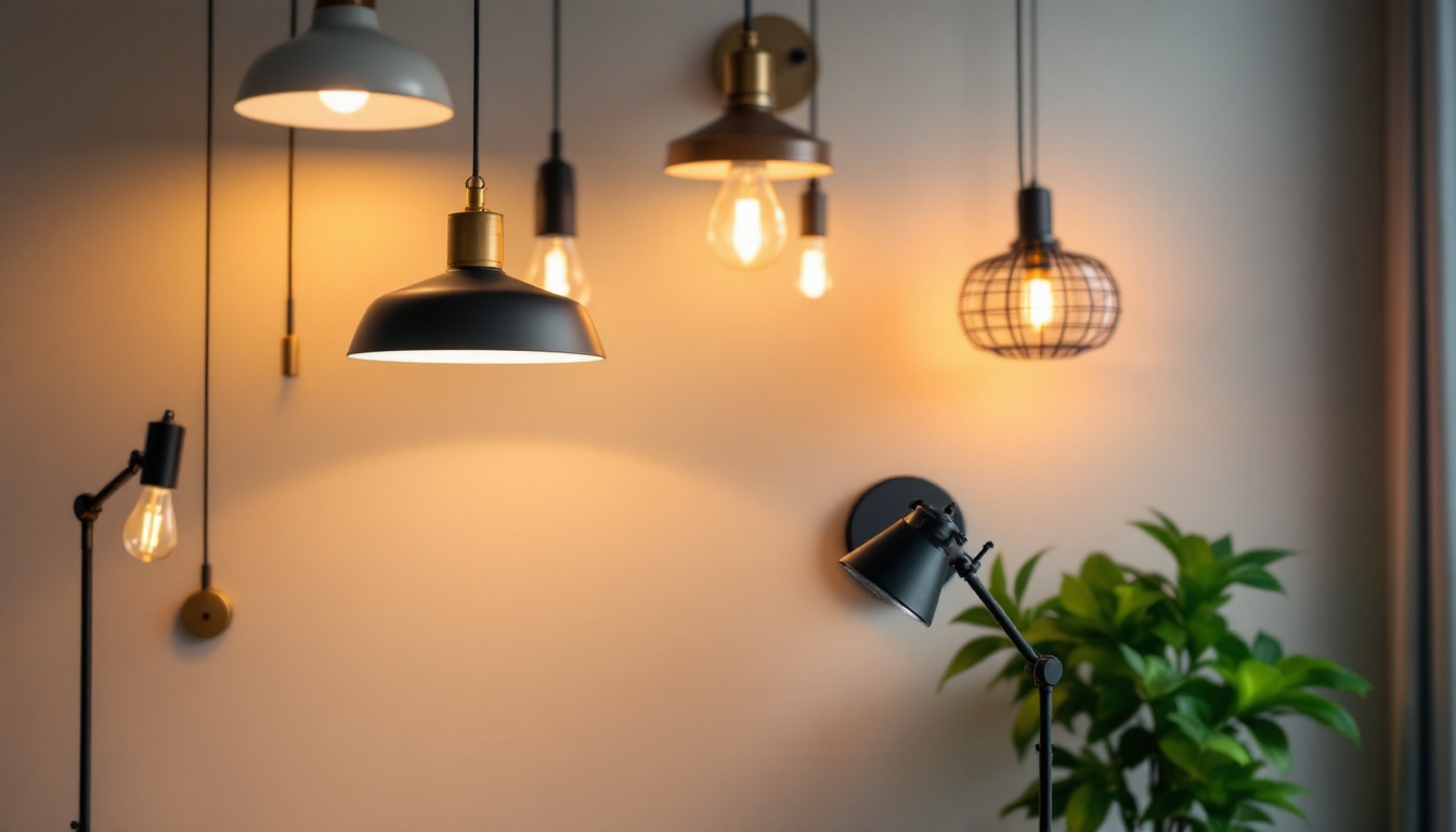 A photograph of a well-lit interior space showcasing a variety of stylish lighting fixtures