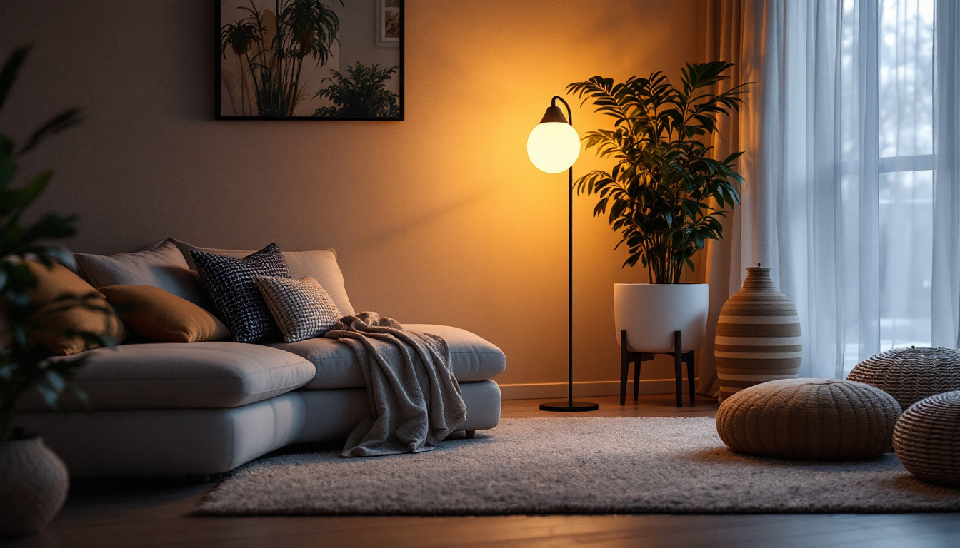 A photograph of a beautifully designed floor light in a cozy