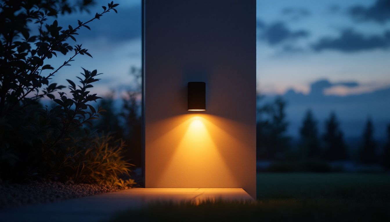 A photograph of a motion-activated light illuminating a pathway or entrance at dusk