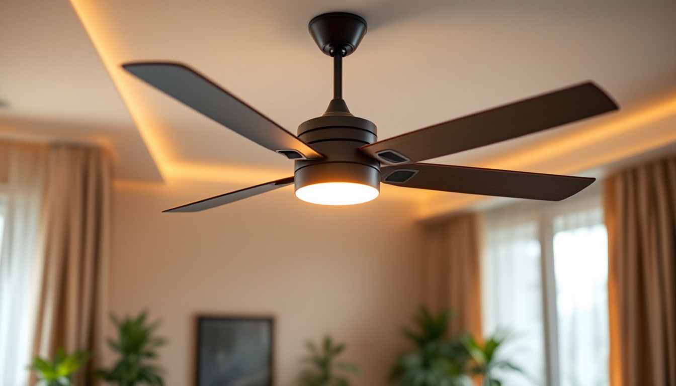 A photograph of a stylish ceiling fan in a well-lit room