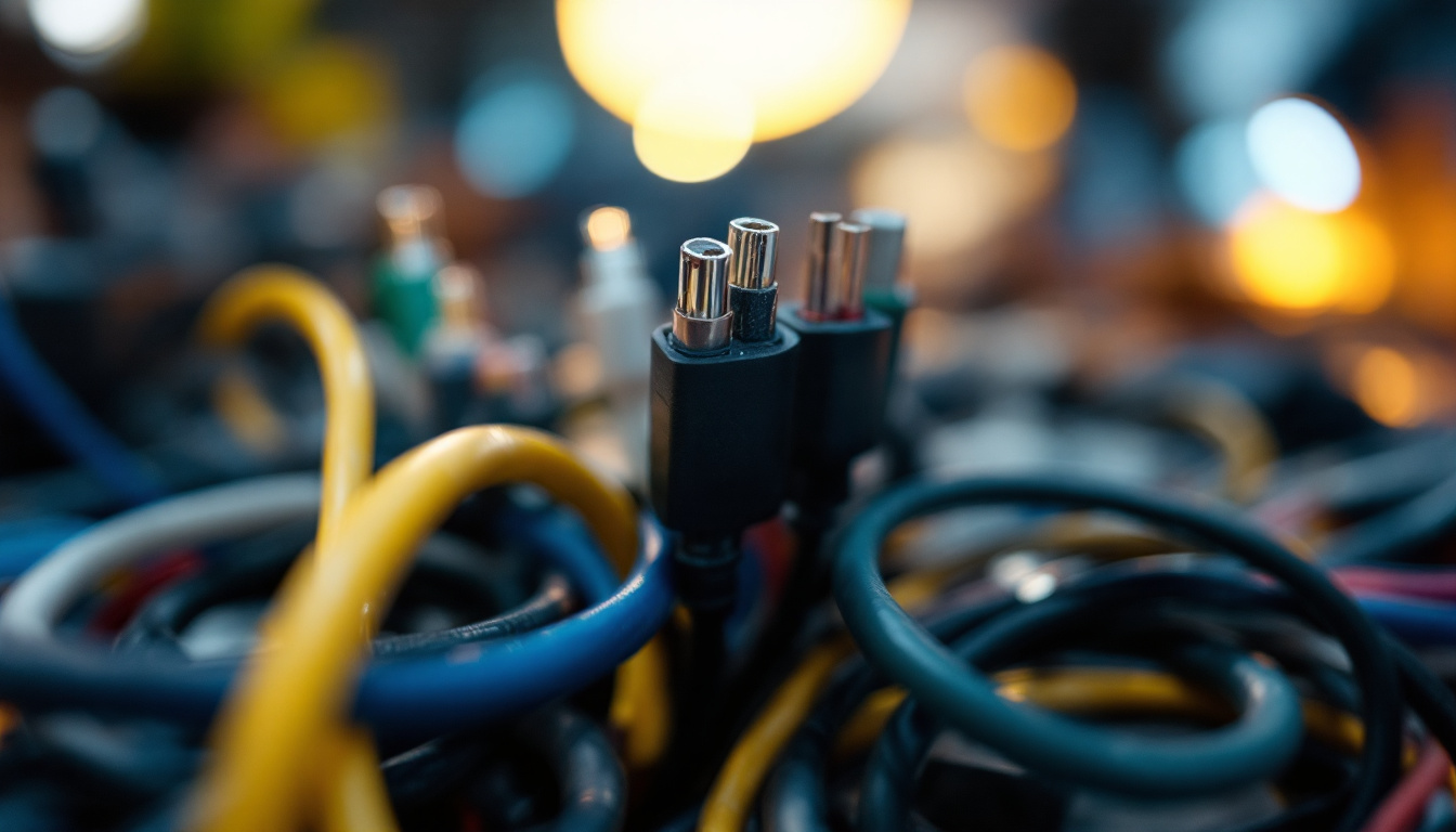 A photograph of a close-up shot of various power cables
