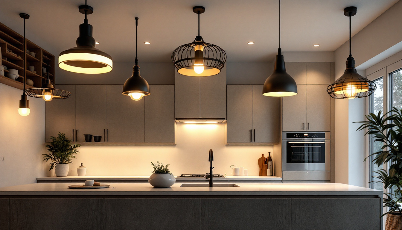 A photograph of a beautifully designed kitchen featuring a variety of ceiling light fixtures