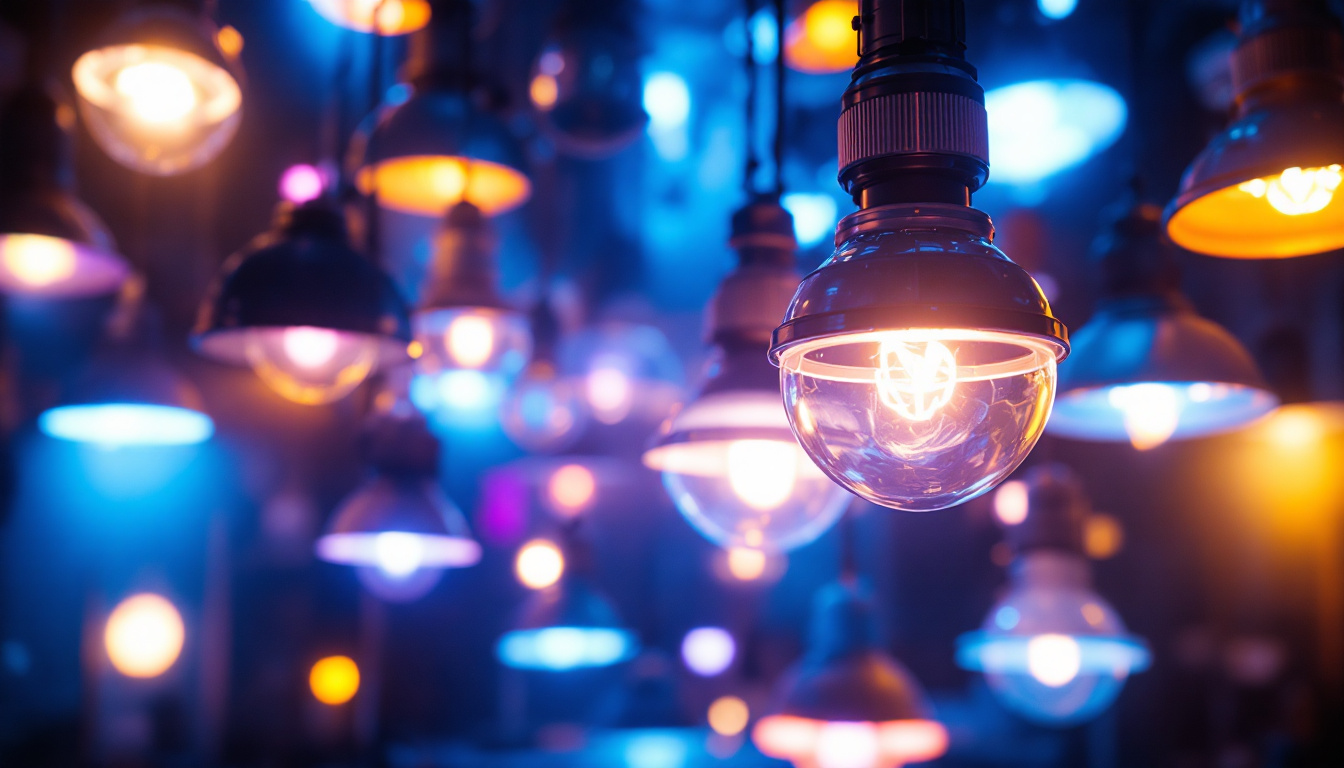 A photograph of a vibrant display of various metal halide lamps in action