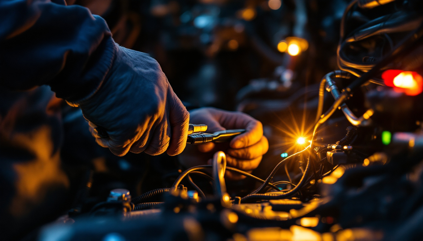 A photograph of a mechanic or technician working on a vehicle's wiring system