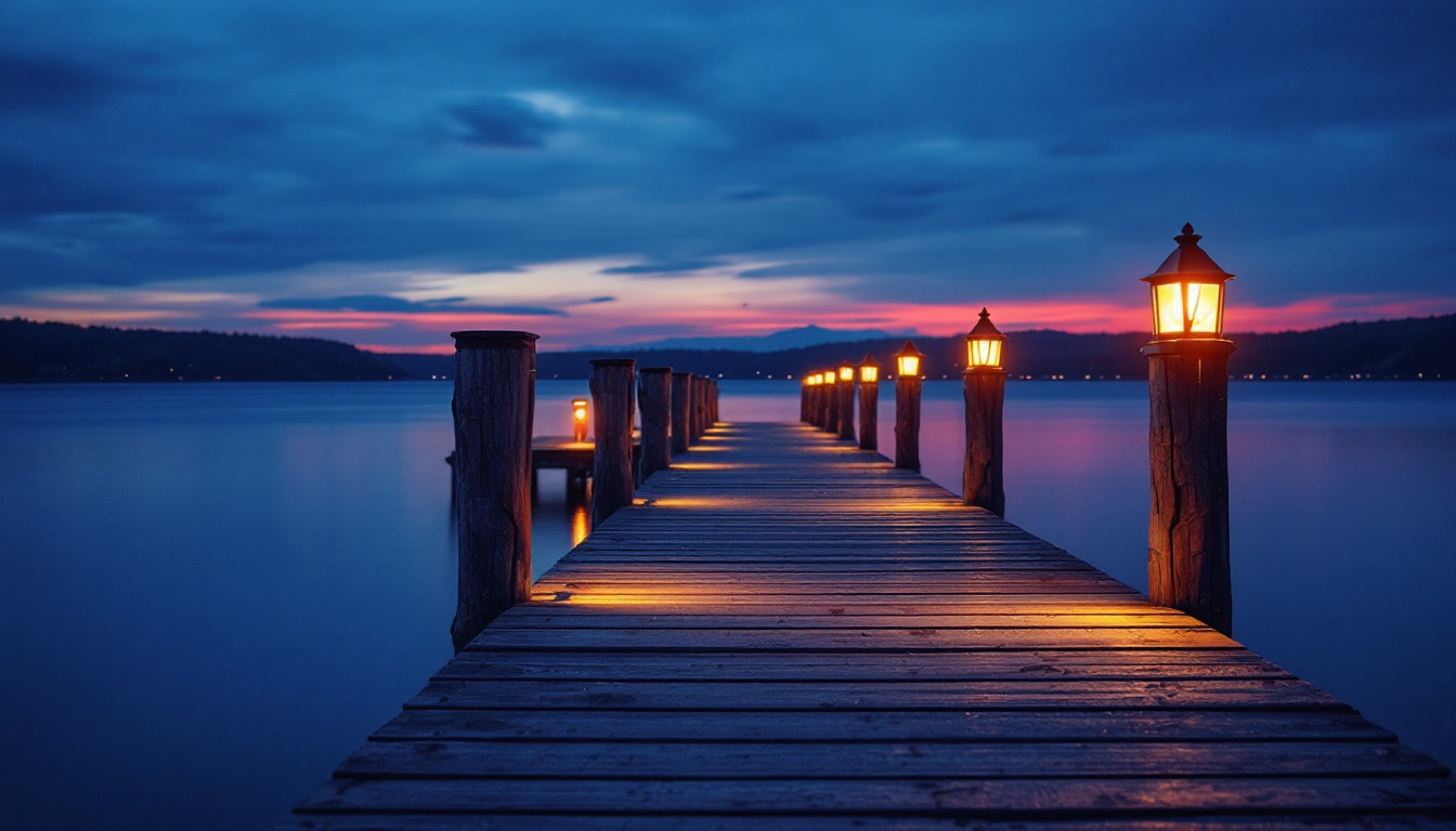 A photograph of a beautifully illuminated dock at dusk