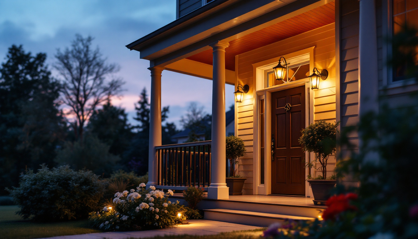 A photograph of a beautifully illuminated porch at twilight