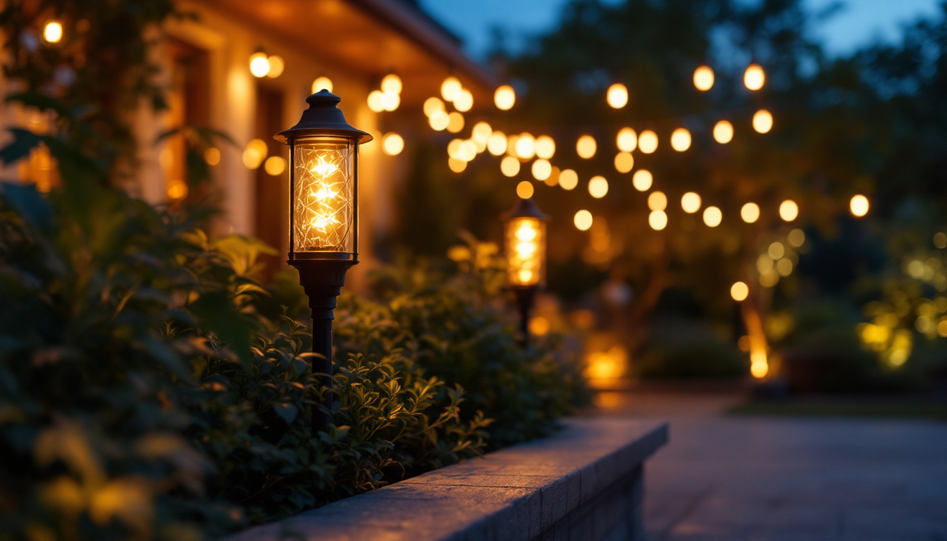 A photograph of a beautifully lit outdoor space featuring can lights illuminating a patio or garden area at dusk