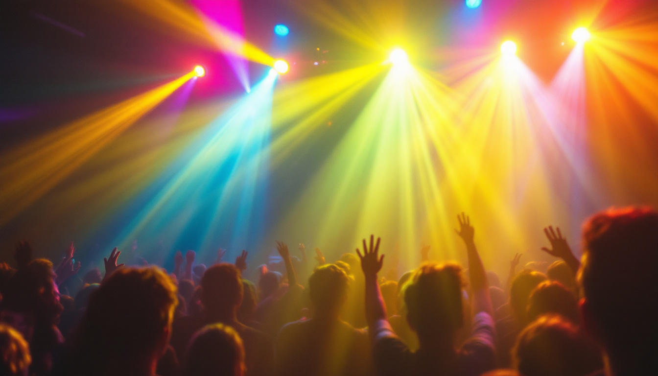 A photograph of a dynamic concert scene showcasing vibrant and colorful light fixtures in action