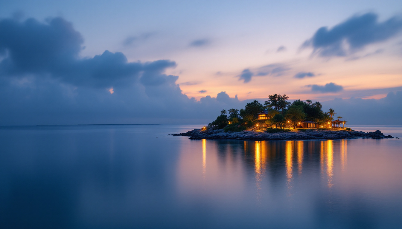 A photograph of a serene island landscape at twilight