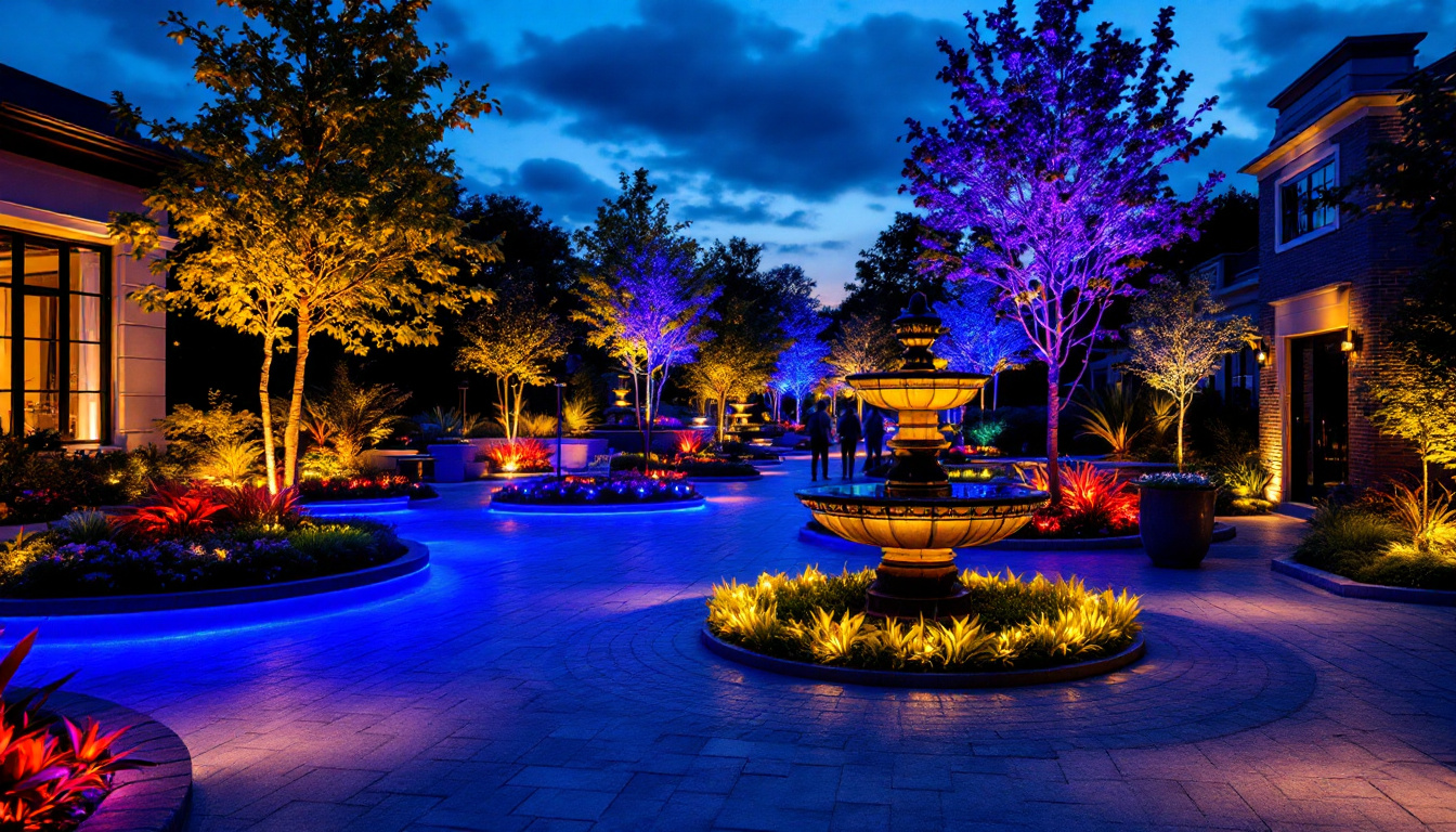 A photograph of a beautifully illuminated outdoor space featuring various led lighting installations