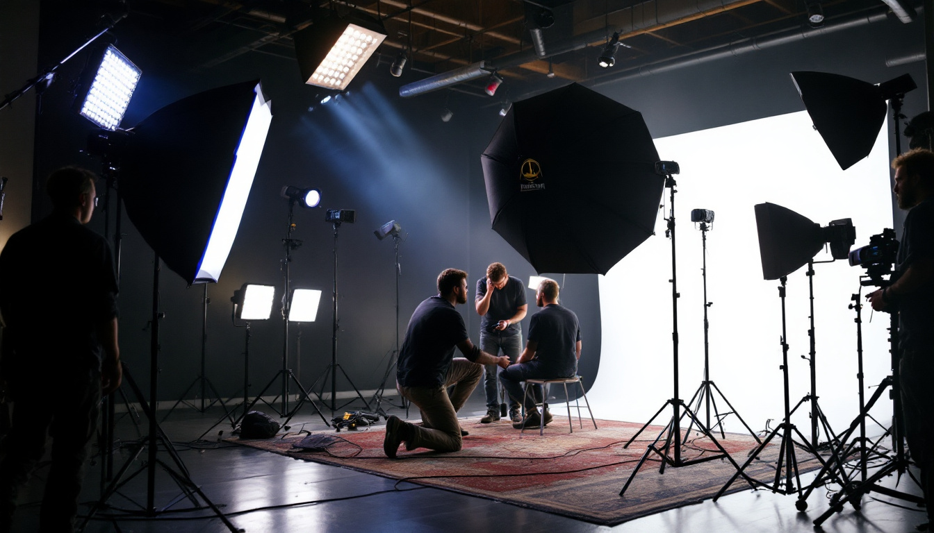 A photograph of a dynamic film set showcasing various lighting setups