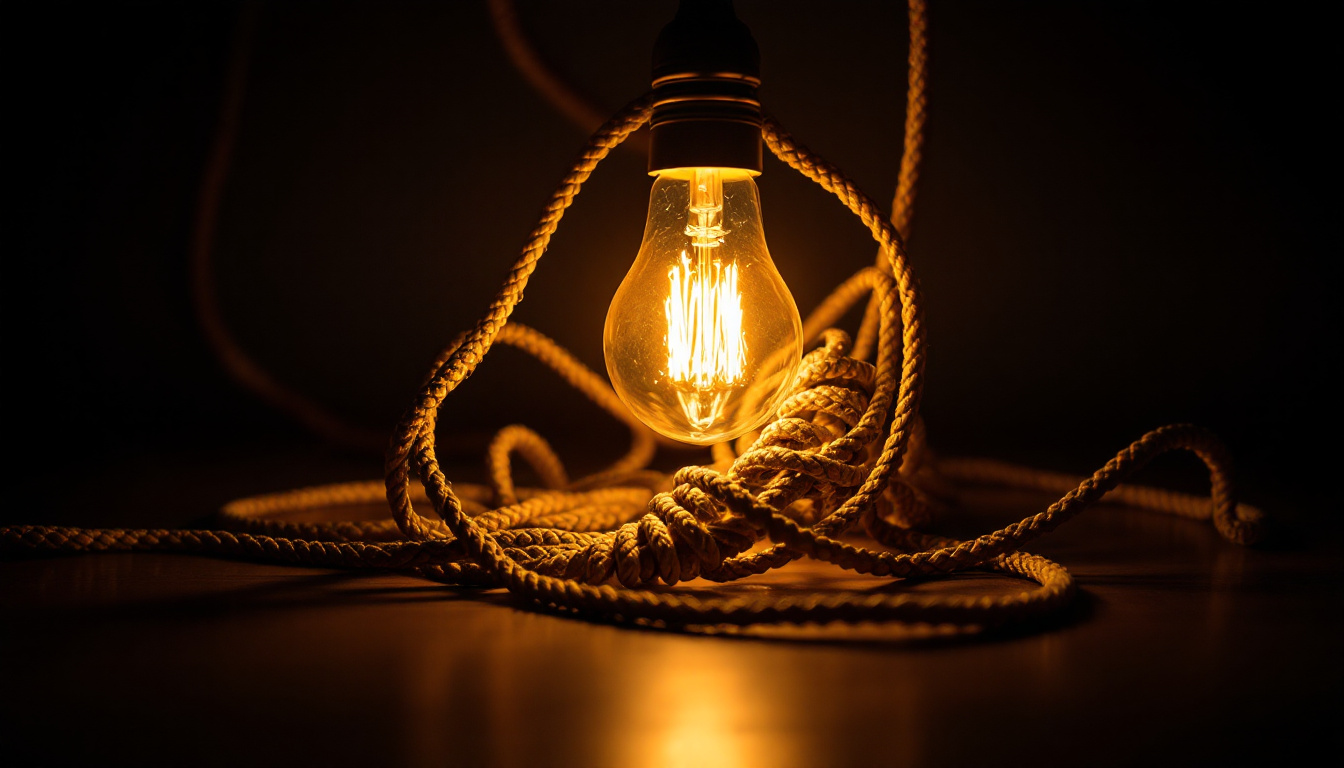 A photograph of a beautifully arranged electric cord intricately woven around a glowing light bulb