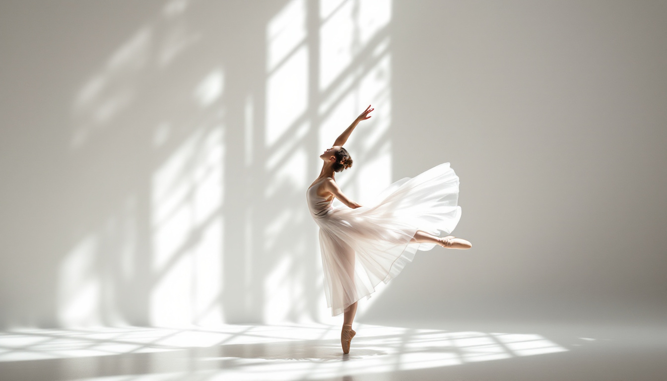 A photograph of capture a photograph of a ballet dancer gracefully performing against a bright white background