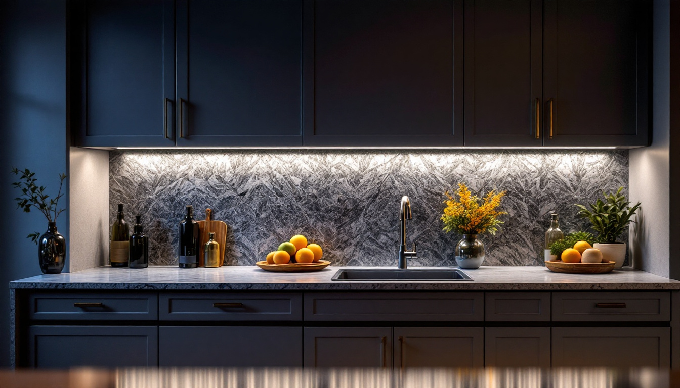 A photograph of a beautifully designed kitchen showcasing under-cabinet lighting that highlights the countertops and creates a warm