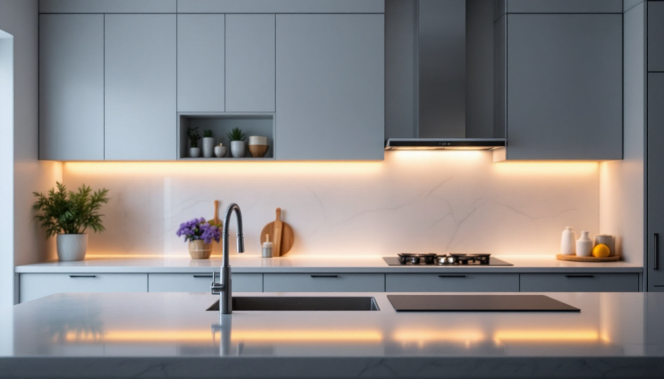 A photograph of a beautifully designed kitchen featuring stylish under counter lighting that highlights the countertops and enhances the overall ambiance