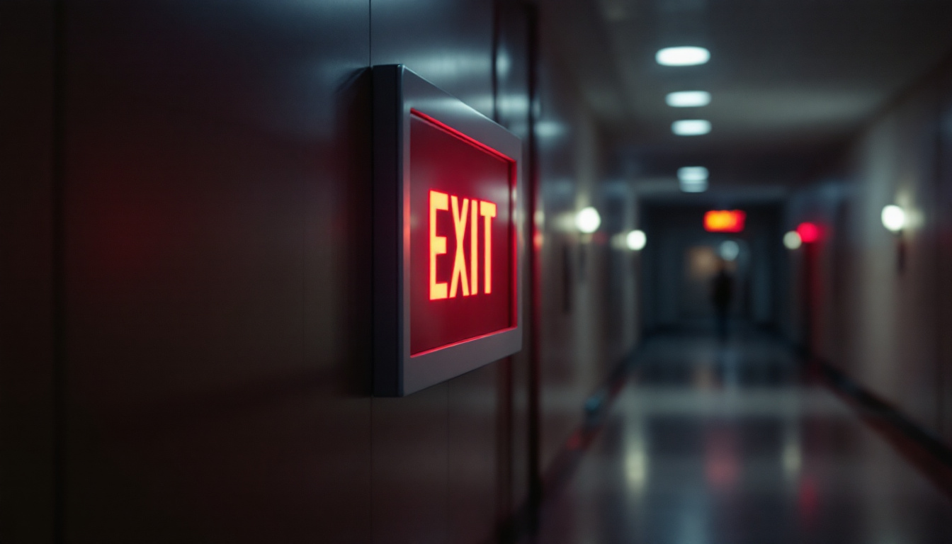 A photograph of capture a photograph of a well-lit emergency exit sign in a dimly lit corridor