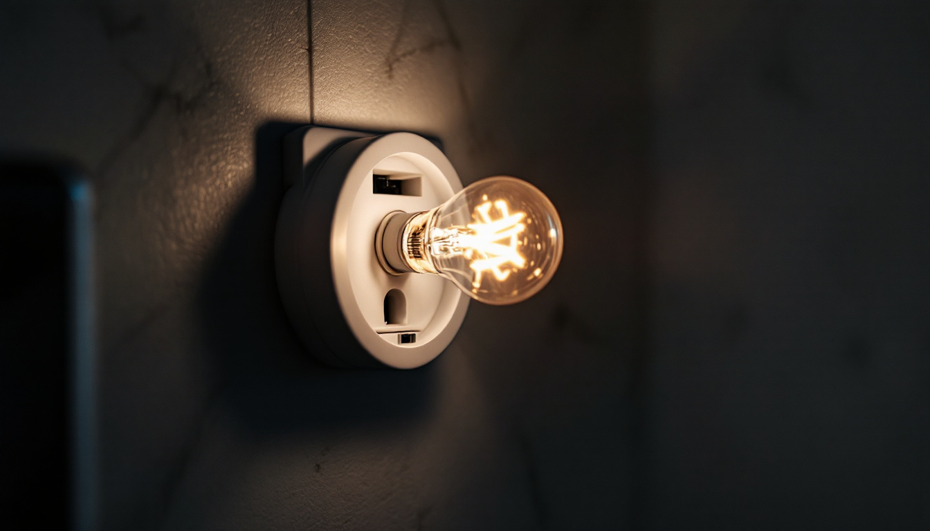 A photograph of a close-up of a modern electric socket with an illuminated light bulb plugged in