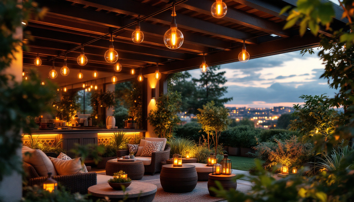 A photograph of a beautifully designed outdoor ceiling light illuminated at dusk