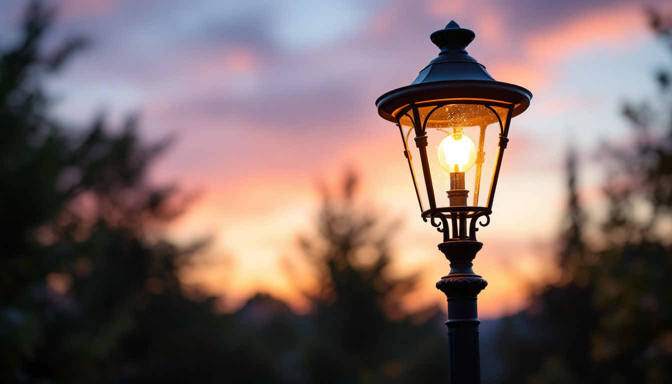 A photograph of a beautifully designed exterior lamp post illuminated at dusk