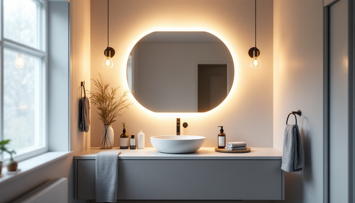 A photograph of a beautifully styled bathroom featuring a modern bath vanity light