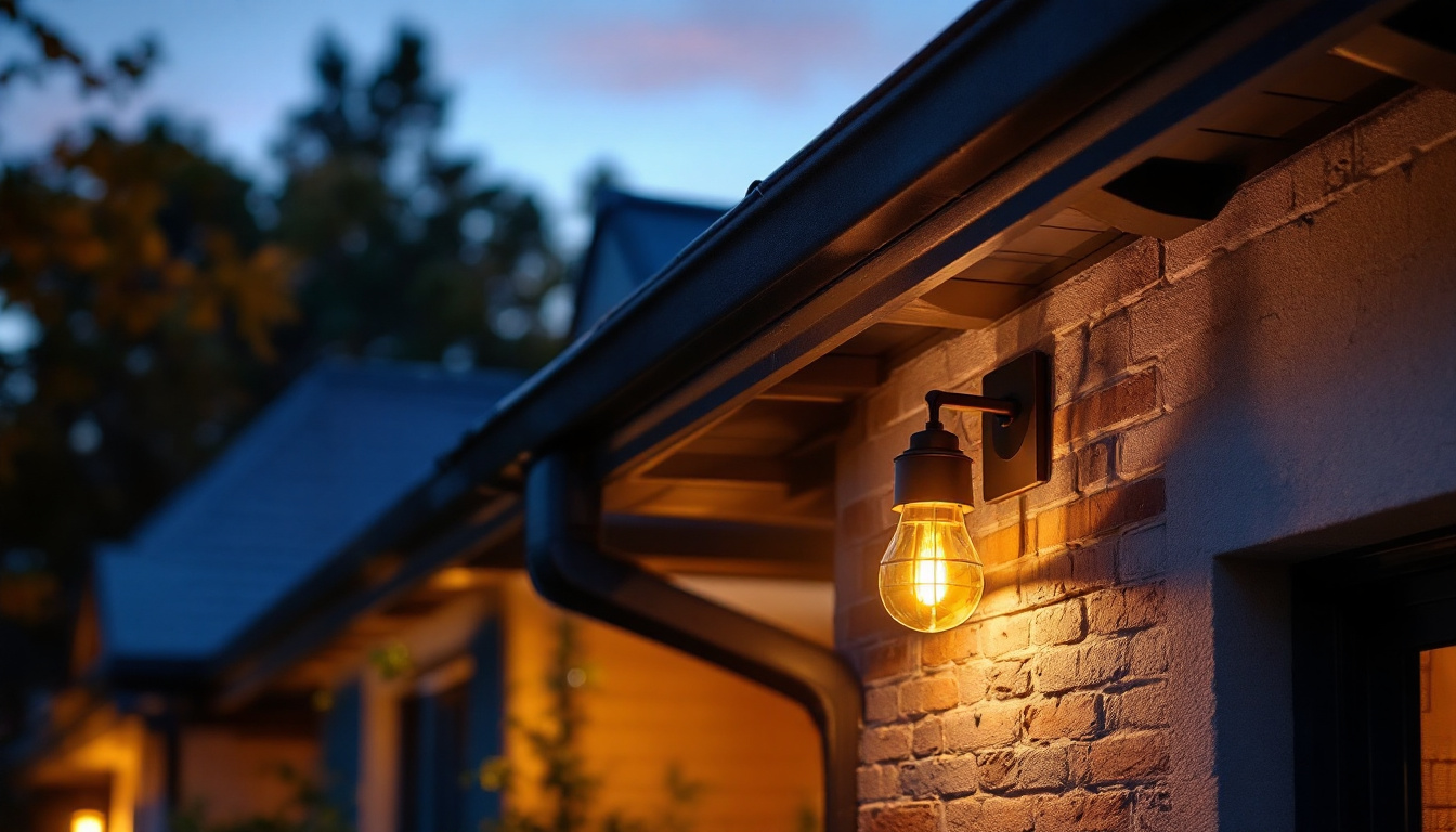 A photograph of capture a photograph of a beautifully designed light fixture integrated into the eaves of a home