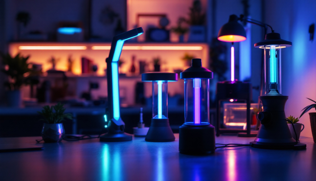 A photograph of a well-lit workspace featuring various uv lamps in action
