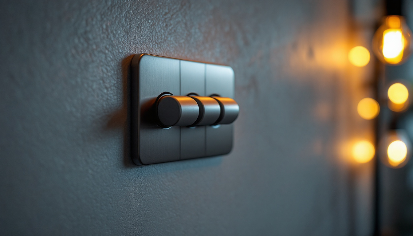 A photograph of a close-up shot of a 3-way toggle switch installed in a stylish home lighting setup