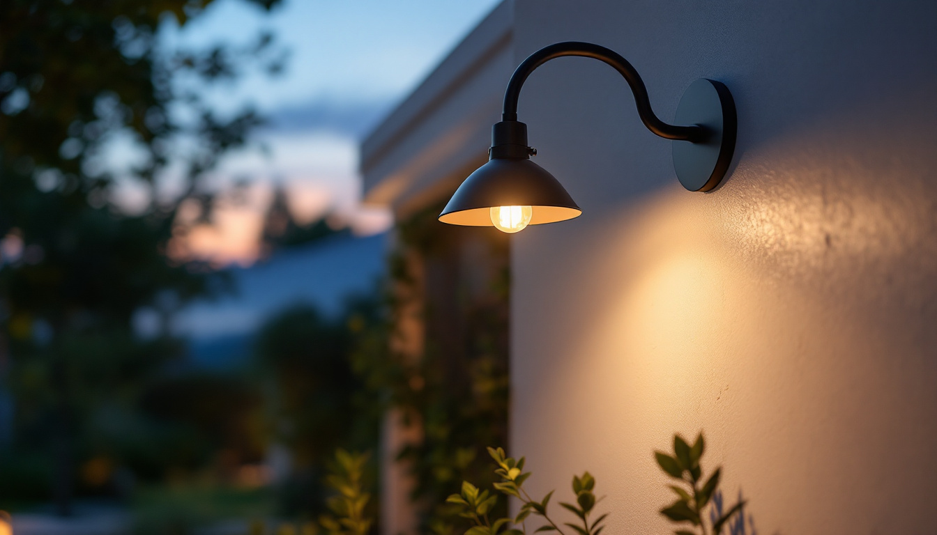 A photograph of a stylish gooseneck light fixture mounted on an exterior wall