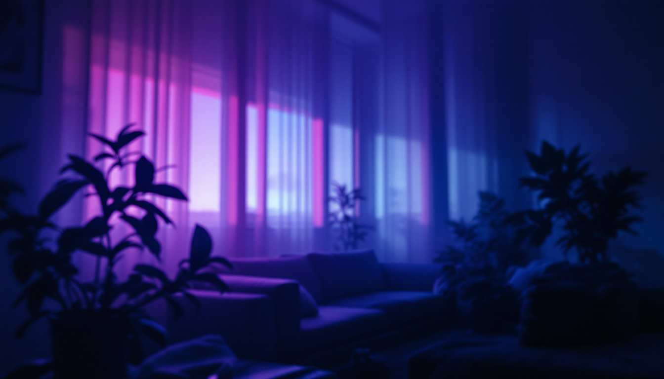 A photograph of a dimly lit scene featuring soft