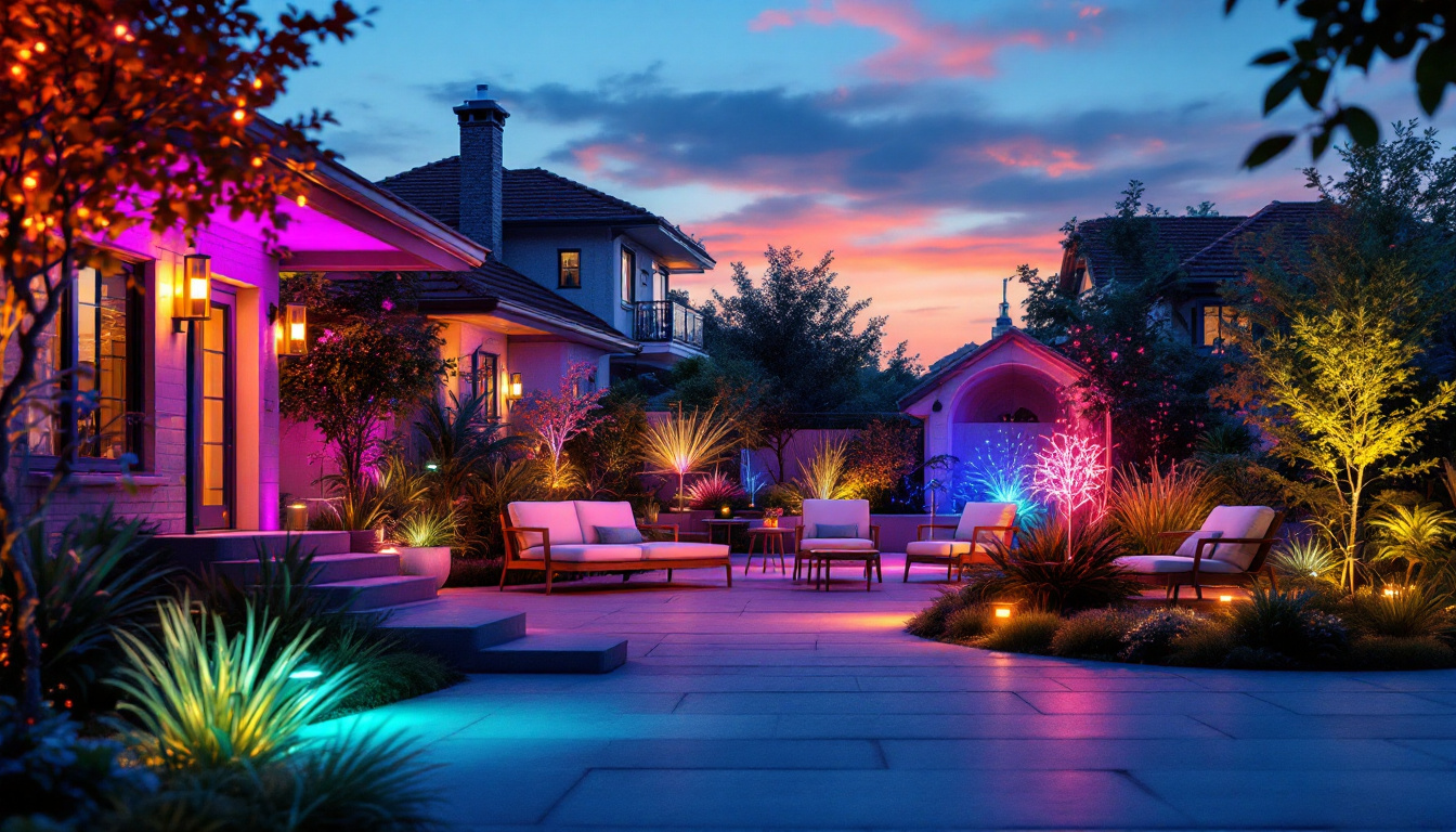 A photograph of capture a photograph of a vibrant outdoor scene at dusk showcasing various led lighting installations in a residential or public space