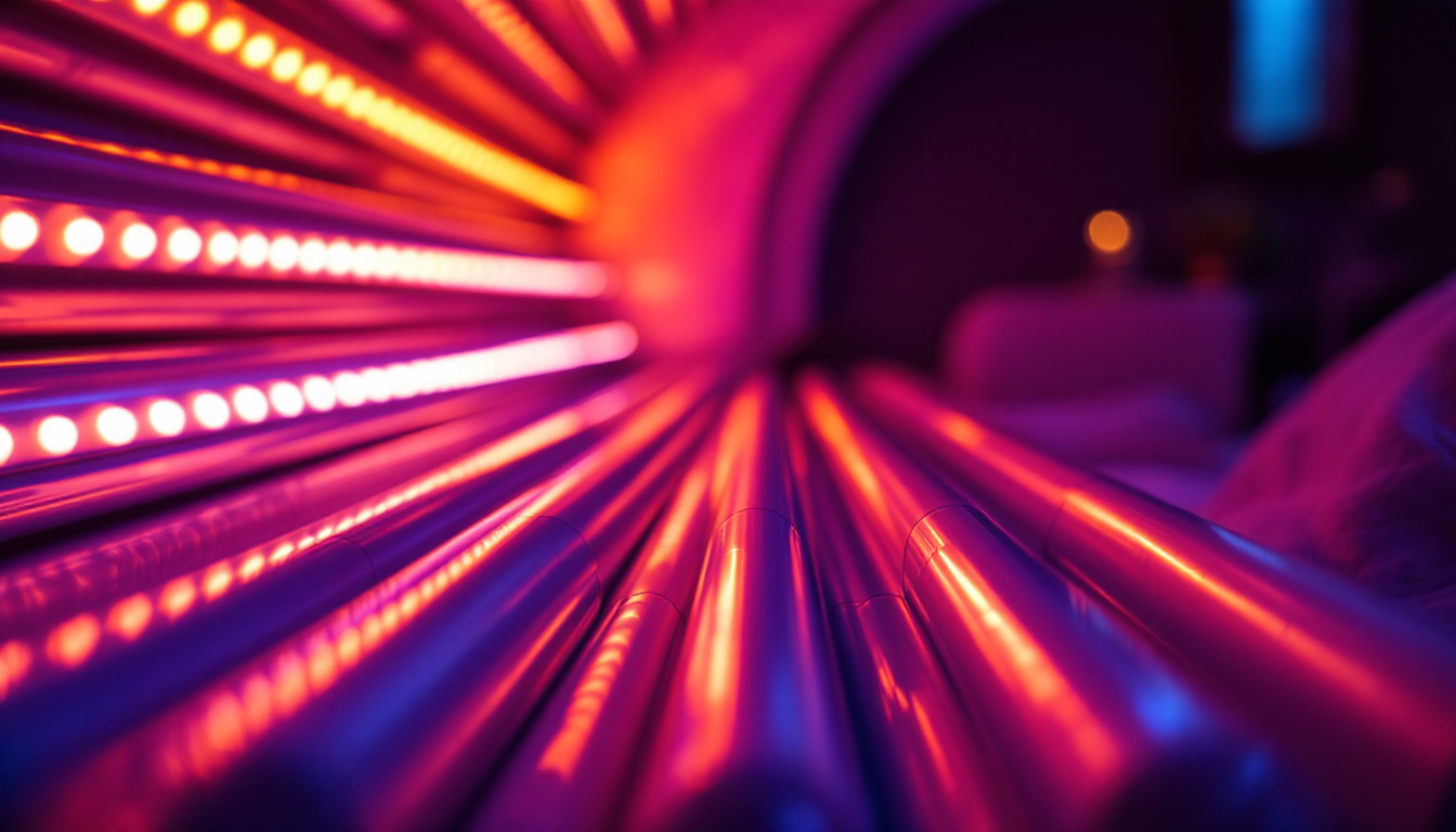 A photograph of capture a photograph of a tanning bed with its bulbs illuminated
