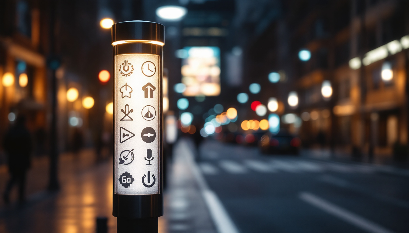 A photograph of a well-lit urban street scene featuring a modern light pole adorned with various platting symbols