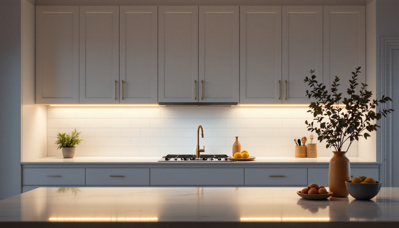 A photograph of a beautifully illuminated kitchen showcasing under cabinet lighting
