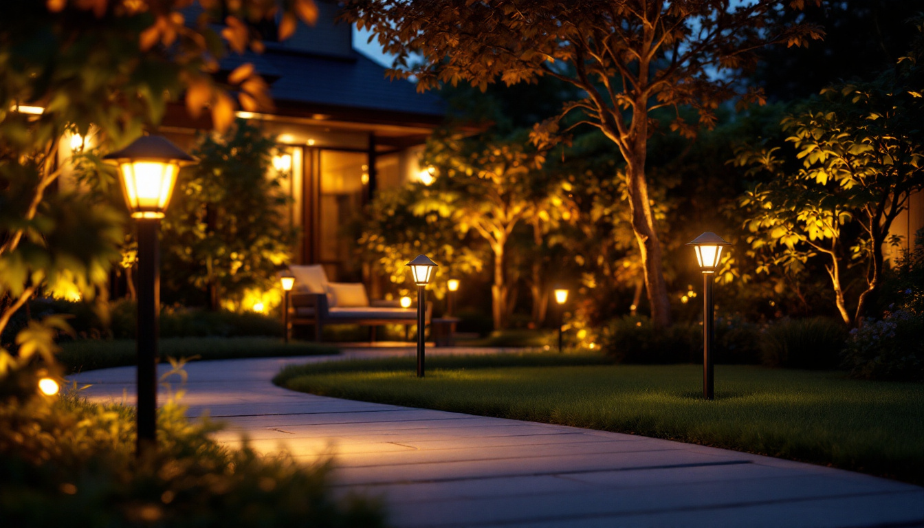 A photograph of capture a photograph of a beautifully illuminated outdoor space featuring solar-powered flood lights in action at dusk