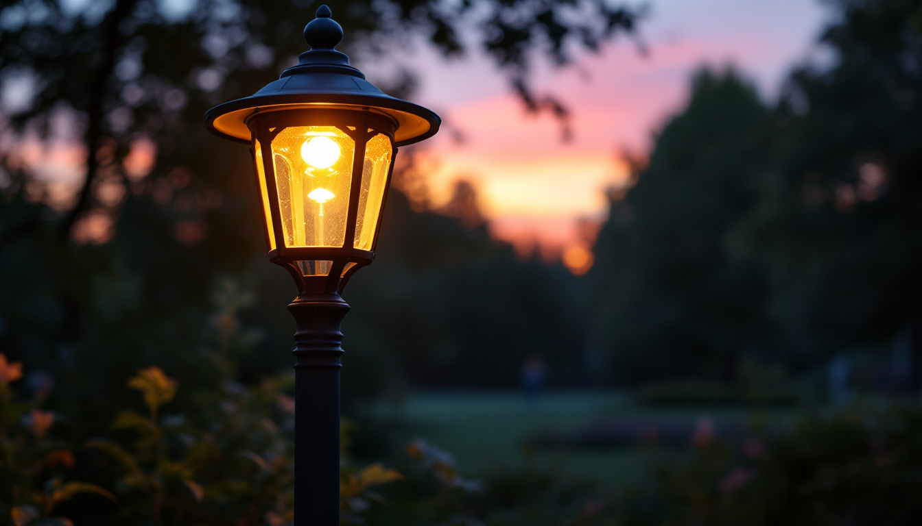 A photograph of a beautifully illuminated yard light post at dusk