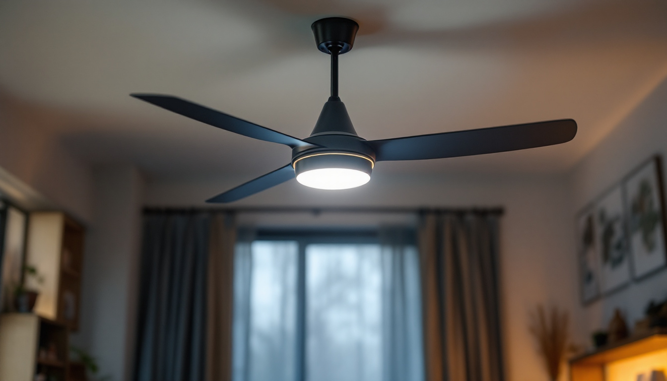 A photograph of a stylish and unique ceiling fan in a well-lit room