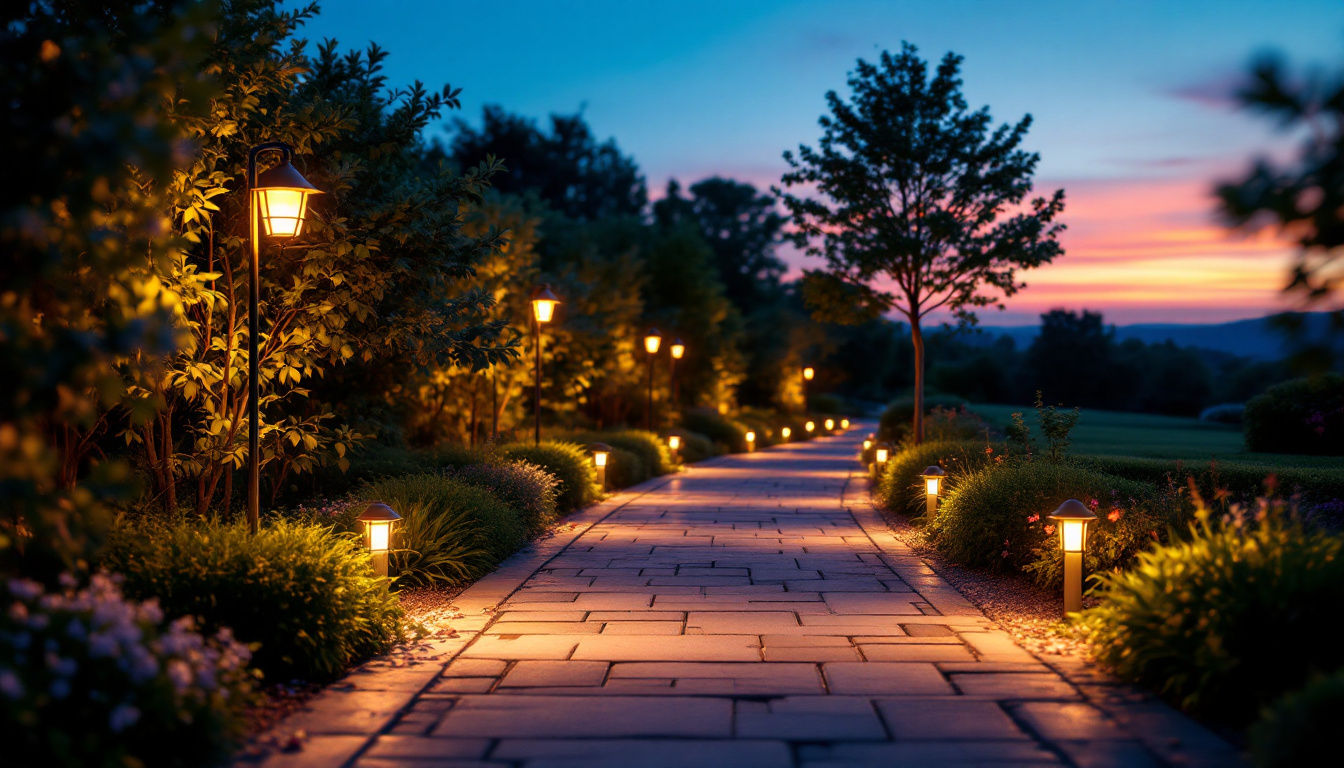A photograph of a beautifully illuminated garden path at twilight
