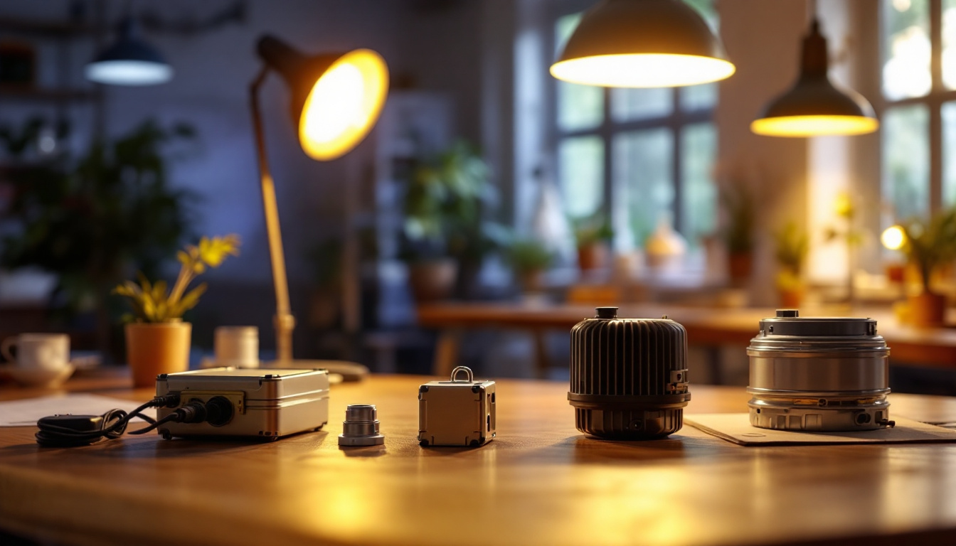 A photograph of a well-lit workspace showcasing various types of ballasts alongside different lighting fixtures