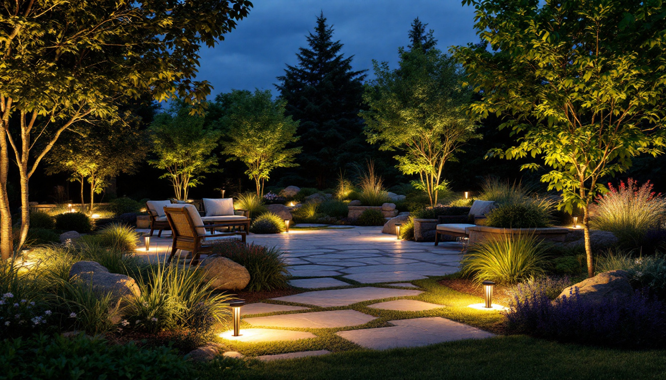A photograph of a beautifully illuminated outdoor space featuring various landscaping lighting elements