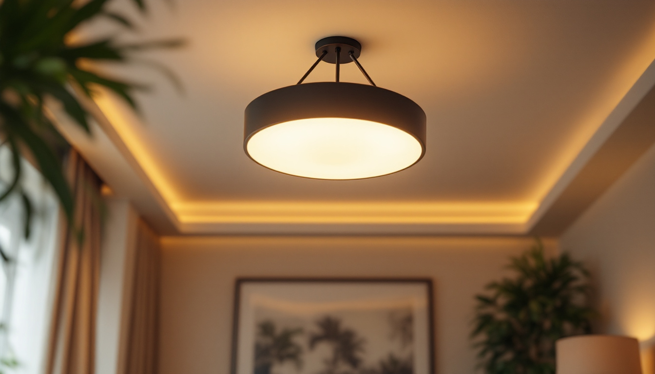 A photograph of a stylish and modern ceiling lamp in a well-decorated room