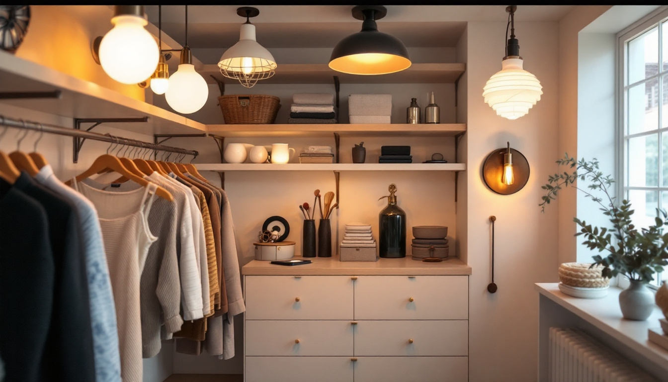 A photograph of a beautifully styled closet featuring a variety of elegant light fixtures