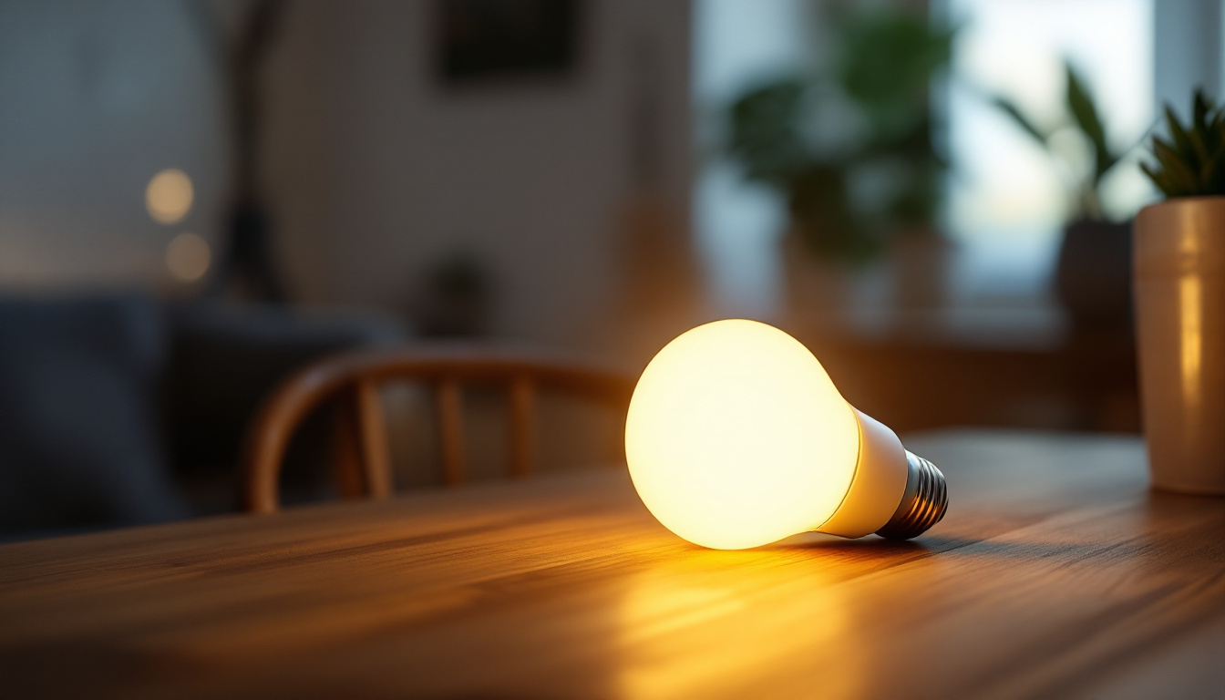 A photograph of a modern led bulb emitting a warm glow in a cozy home setting