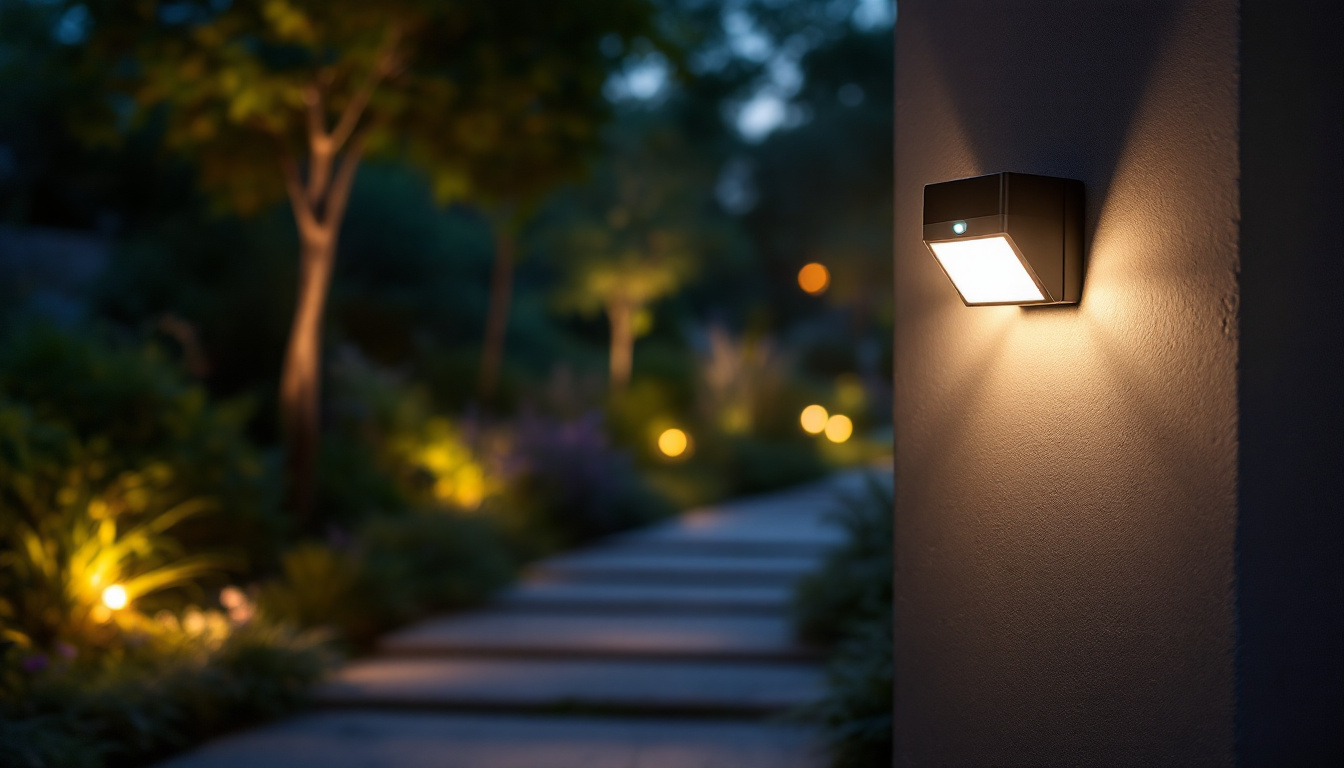 A photograph of a beautifully illuminated outdoor space featuring a motion sensor light in action